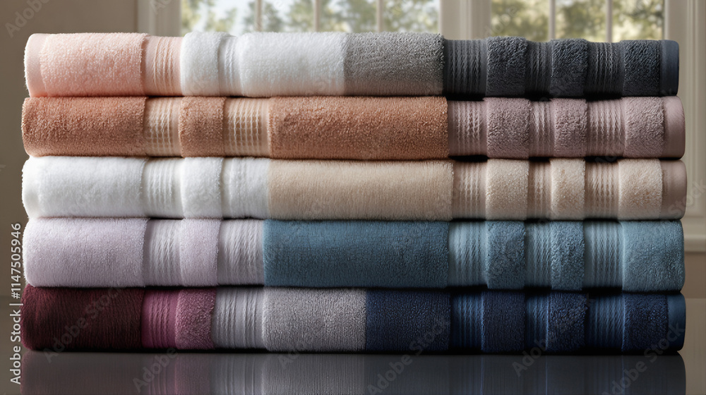 Clean cotton bath towels. Stack of colorful towels. Clean cotton bath towels. Stack of colorful towels.