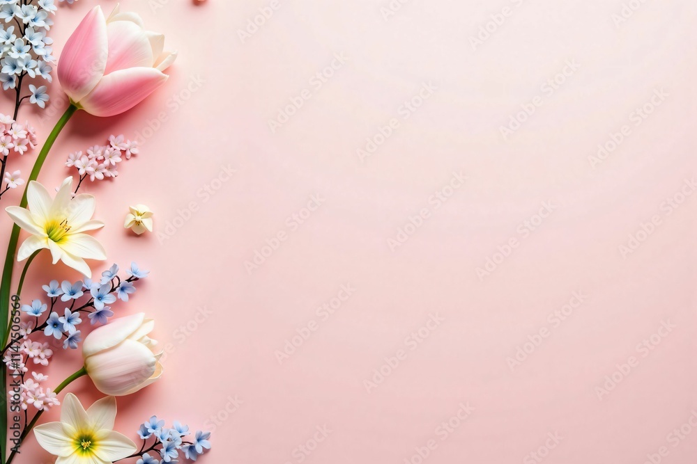 Elegant Composition of Spring Tulips and Wildflowers on Romantic Pastel Background Elegant Composition of Spring Tulips and Wildflowers on Romantic Pastel Background