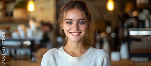 Portrait of a smiling young woman with blue eyes in a coffee shop.