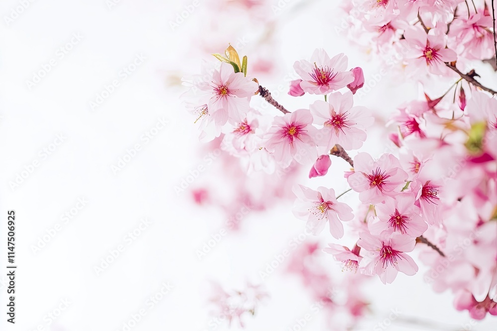 Pink cherry blossom on white background, isolated Sakura tree branch 