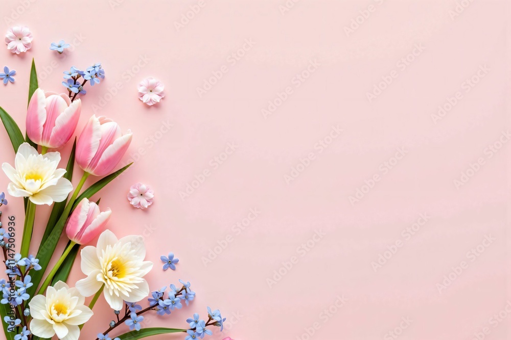 Elegant Composition of Spring Tulips and Wildflowers on Romantic Pastel Background Elegant Composition of Spring Tulips and Wildflowers on Romantic Pastel Background