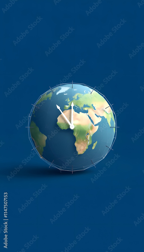 Fototapeta premium Earth-Shaped Clock with a Simple Design, Representing Global Time and Awareness, Ideal for Time Management, Ecology, and Earth Day Concepts