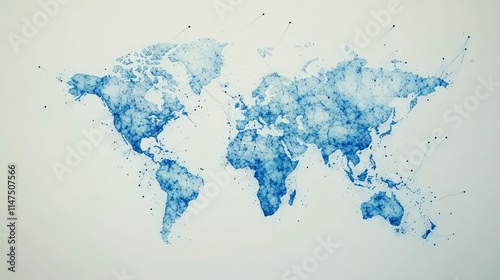 Fototapeta Naklejka Na Ścianę i Meble -  Abstract blue watercolor world map with connecting lines.