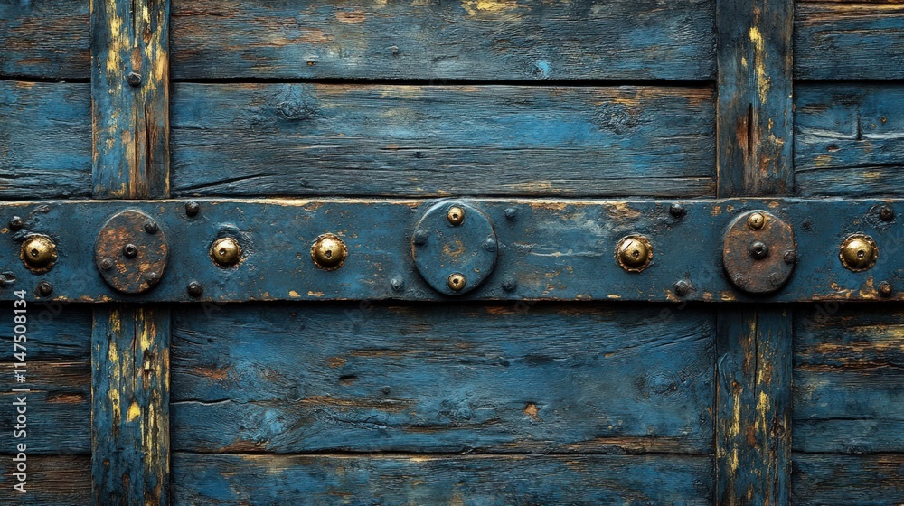 Weathered blue wood, ornate metal band. Weathered blue wood, ornate metal band.