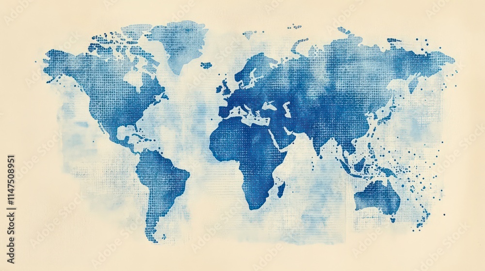 Obraz premium Watercolor world map illustration, blue continents on beige background.