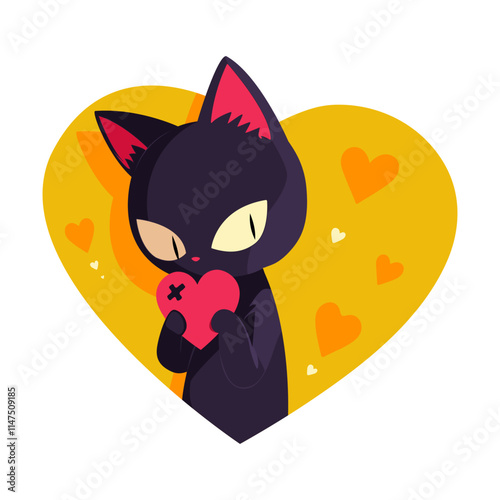 Cute hand drawn black cat holding heart on white background in heart shape frame. Copy space template. Valentine's Day concept greeting card. Simple vector illustration. Minimalistic flat style art.