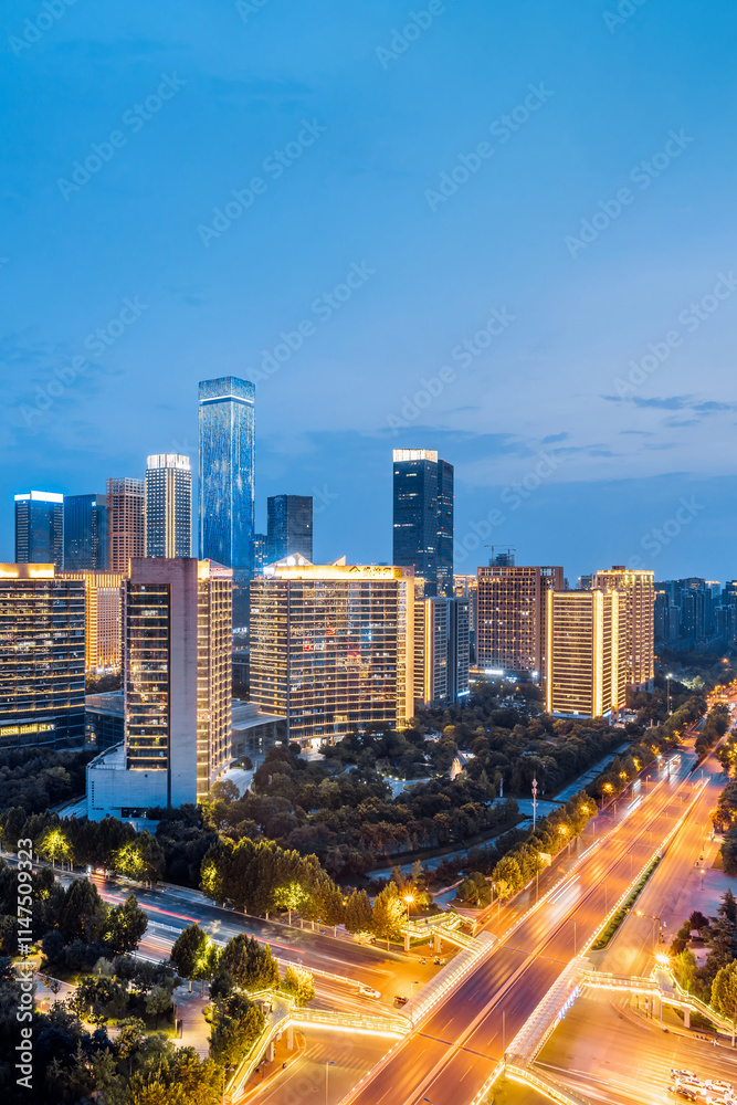 Fototapeta premium Aerial Night View of the skyline of the high-tech CBD city in Xi'an, Shaanxi, China 