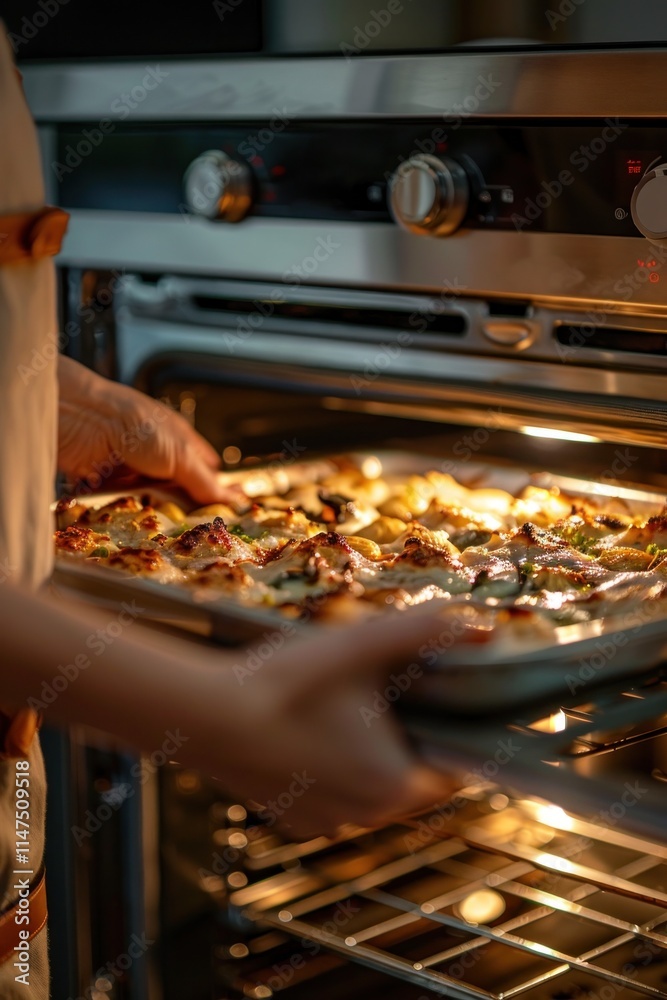 A person removing a tray of freshly baked pizza from an oven, showcasing culinary skills. A person removing a tray of freshly baked pizza from an oven, showcasing culinary skills.