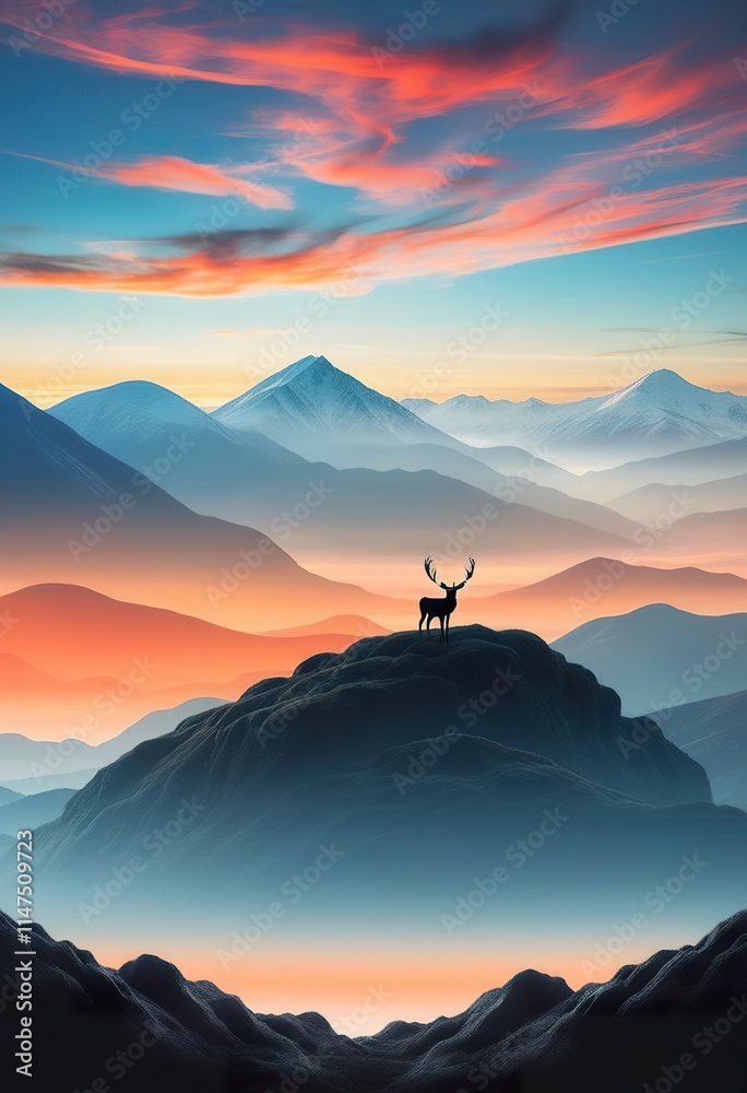 A majestic red deer stands proudly atop a rocky mountain peak, overlooking a vast, misty valley at sunrise. Snowcapped mountains rise in the distance under a vibrant sky A majestic red deer stands proudly atop a rocky mountain peak, overlooking a vast, misty valley at sunrise. Snowcapped mountains rise in the distance under a vibrant sky