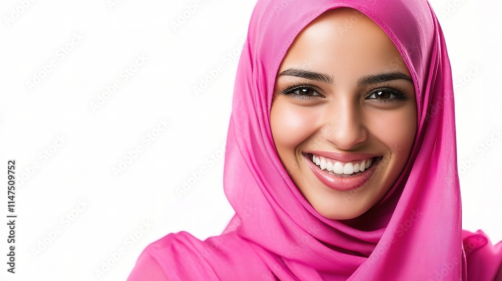 Joyful Middle Eastern Woman in Pink Hijab Smiling Brightly Joyful Middle Eastern Woman in Pink Hijab Smiling Brightly