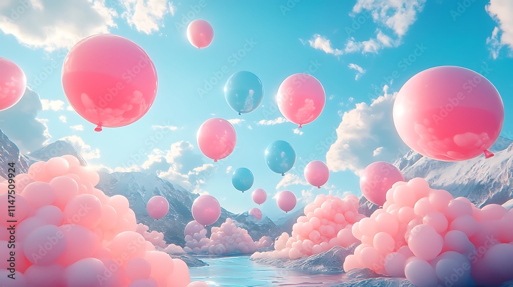 Colorful balloons floating over serene lake dreamy nature scene Colorful balloons floating over serene lake dreamy nature scene