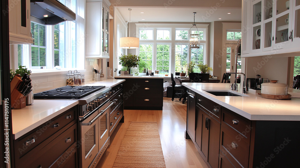 Fototapeta premium Luxurious Modern Kitchen with Island and White Quartz Countertops