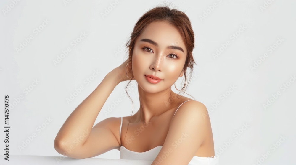 A portrait of a woman posing elegantly with a soft expression against a light background. A portrait of a woman posing elegantly with a soft expression against a light background.