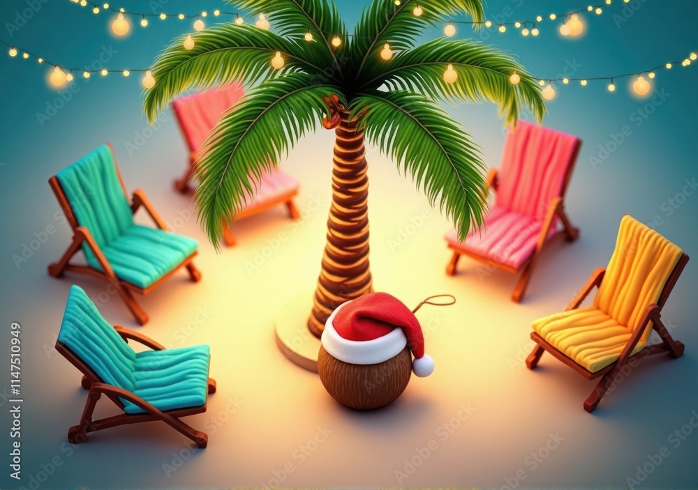 Obraz premium Isometric view of a vibrant tropical Christmas scene: A palm tree decorated with string lights and ornaments, surrounded by colorful beach chairs, with a Santa hat resting on a coconut drink under bri