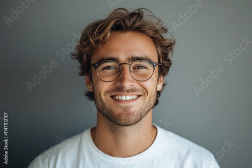Happy young man smiling, wearing glasses, white t-shirt, gray background.