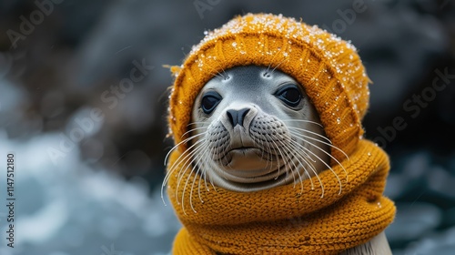 Baby seal in a cozy hat, sketching the ocean