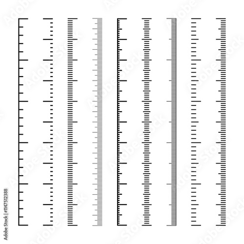 Vertical measurement scales with divisions. Realistic scale for measuring length or height in centimeters, millimeters or inches. Ruler, tape measure marks, size indicators. Vector illustration