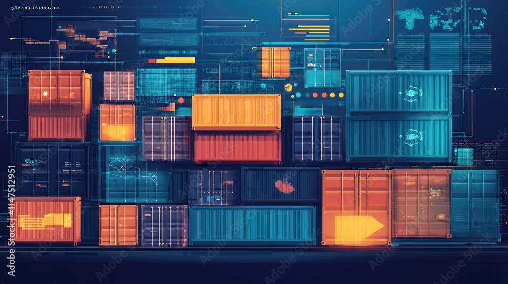 Fototapeta premium Abstract Digital Background Featuring Colorful Shipping Containers with Data Visualizations and Graphics in a Modern Tech Environment