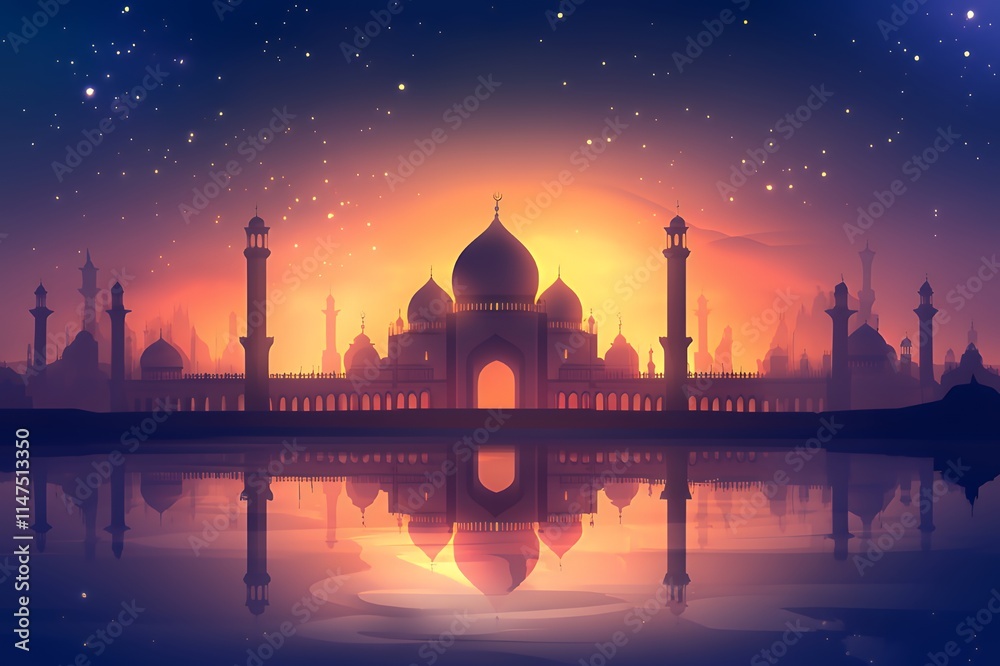 Fototapeta premium Majestic Mosque Silhouette Reflected In Calm Water At Sunset