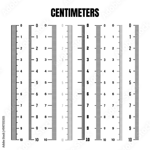 Vertical centimeter scale for measuring length or height. Various measurement scales with divisions. Ruler, tape measure marks, size indicators. Vector illustration