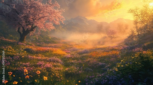 Serene Sunrise Over Flower Fields and Cherry Blossom Trees in a Misty Valley with Majestic Mountains in the Background Under Golden Cloudy Skies