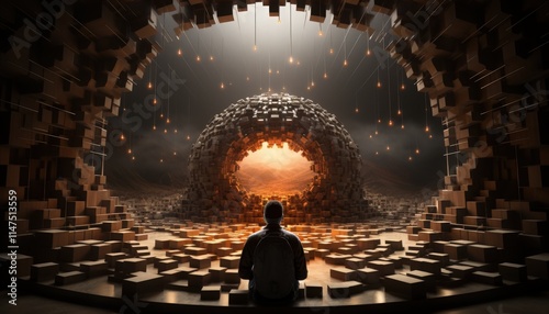 An acoustician measuring sound in an anechoic chamber photo