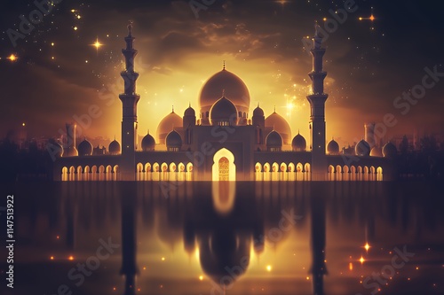 Majestic Mosque Reflecting In Golden Sunset Waters photo