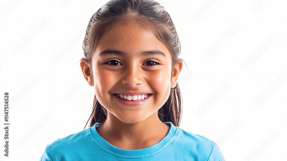 Radiant Young Girl with Ponytail in Blue Shirt Smiling Brightly Radiant Young Girl with Ponytail in Blue Shirt Smiling Brightly