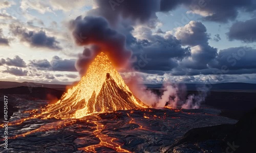 A dramatic volcanic eruption with lava flow and smoke against a cloudy sky.