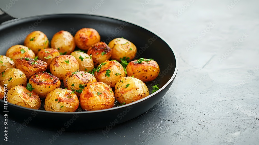 Deliciously Crispy Garlic and Herb Potatoes Sizzle in a Hot Skillet, Perfect for Any Meal or Side. Season of Sizzling Delight Concept Deliciously Crispy Garlic and Herb Potatoes Sizzle in a Hot Skillet, Perfect for Any Meal or Side. Season of Sizzling Delight Concept