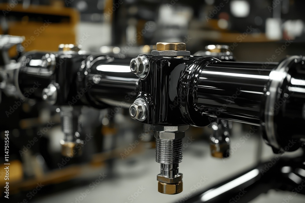 Close-up of black metallic industrial component with gold accents and detailed screws. Illustrates precision engineering, ideal for mechanical, automotive, or industrial design projects. Close-up of black metallic industrial component with gold accents and detailed screws. Illustrates precision engineering, ideal for mechanical, automotive, or industrial design projects.