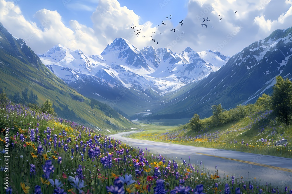 Fototapeta premium Mountain Road Winding Through Vibrant Wildflower Meadows