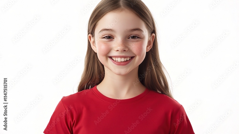 Cheerful Young Woman in Red Shirt Smiling on White Background Cheerful Young Woman in Red Shirt Smiling on White Background