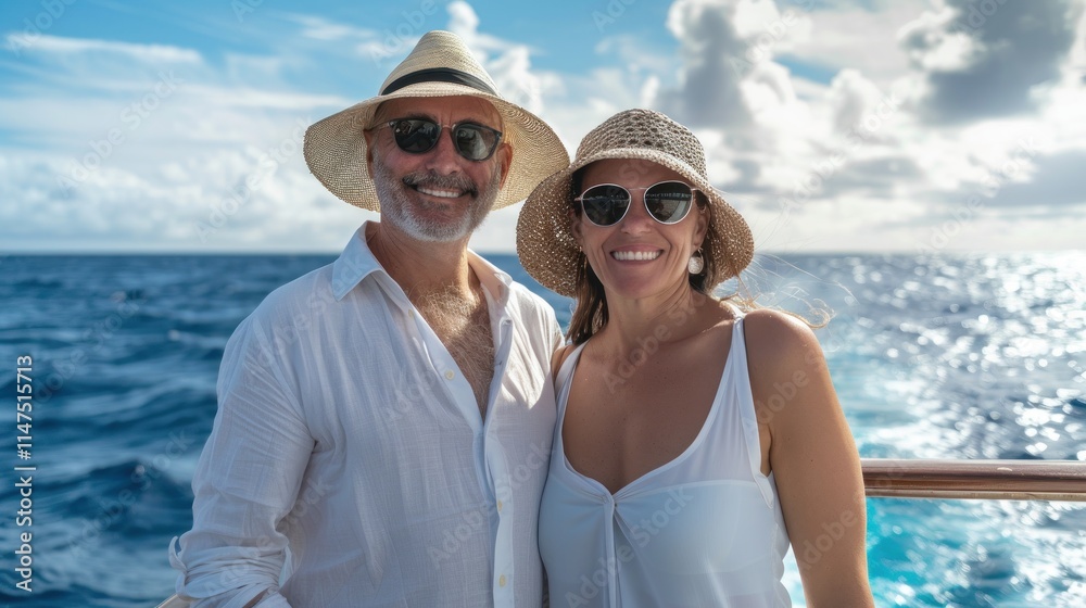 A smiling couple on a boat enjoying a sunny day at sea.