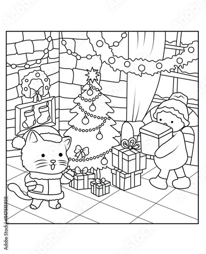 Cozy and cute christmas coloring page for kids, teens and  adults