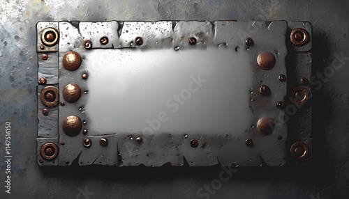 Industrial blank label tag on metallic plate studio setting digital art modern design close-up view texture and material exploration photo