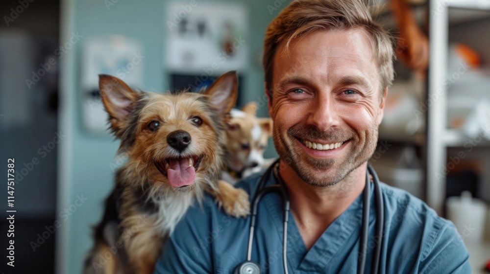 A smiling veterinarian with a dog, showcasing a friendly atmosphere in an animal clinic. A smiling veterinarian with a dog, showcasing a friendly atmosphere in an animal clinic.