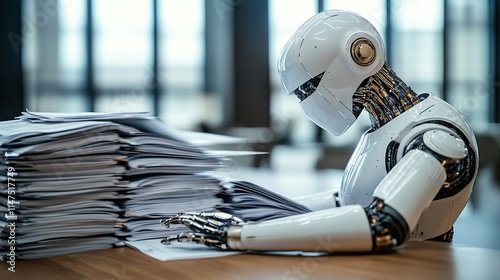 A white robot sits at a desk, reviewing a large stack of papers.