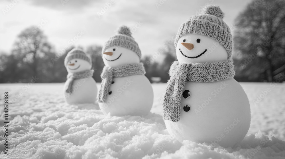 Obraz premium A playful black and white line art of three snowmen, each dressed in a scarf and hat, for a holiday-themed coloring book.