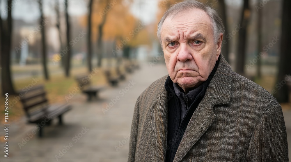 Elderly person standing alone, looking confused and uncertain, capturing the vulnerability and challenges faced by the aging population in modern society. Elderly person standing alone, looking confused and uncertain, capturing the vulnerability and challenges faced by the aging population in modern society.