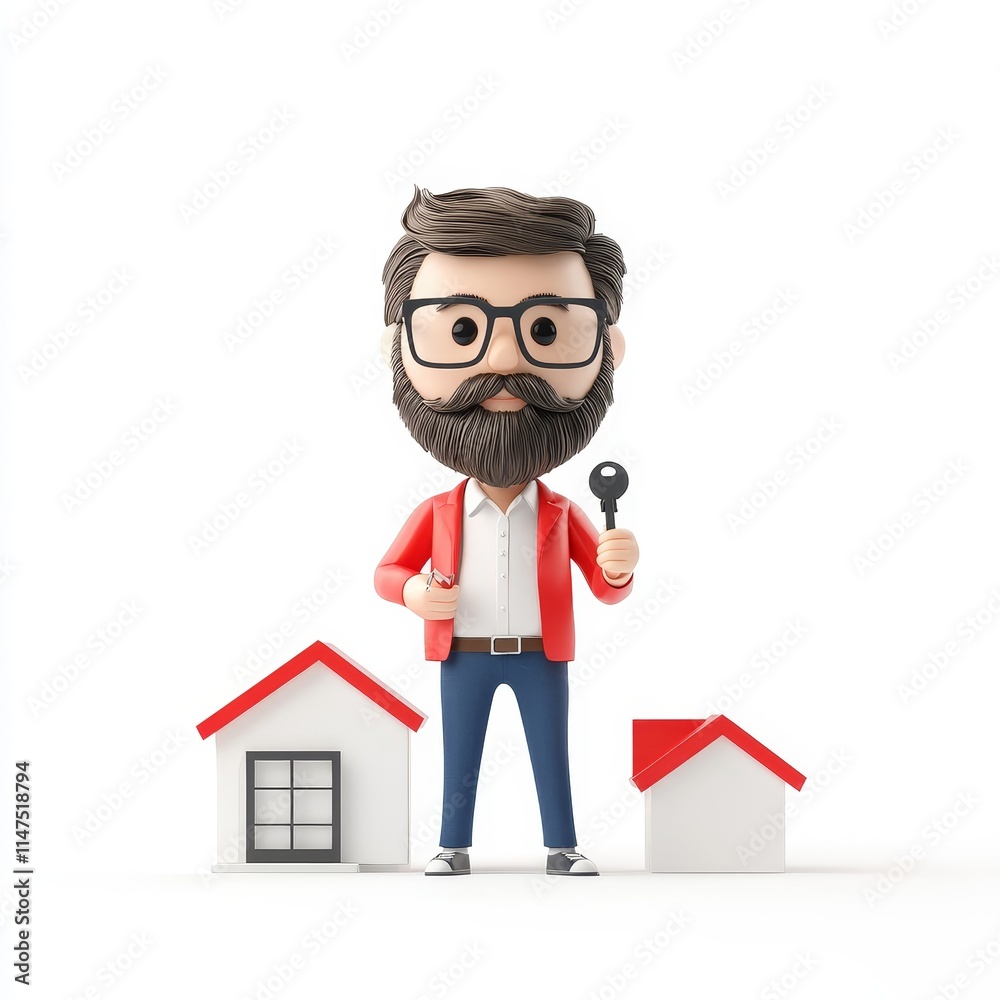 Friendly cartoon character holding a key, representing a real estate agent, standing beside small houses in a clean and modern design for property investment concepts. Friendly cartoon character holding a key, representing a real estate agent, standing beside small houses in a clean and modern design for property investment concepts.