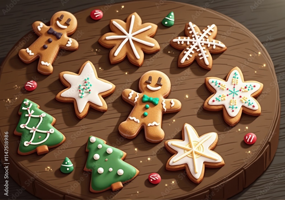 Isometric view of Christmas cookies on a wooden table: A set of intricately decorated gingerbread cookies, sugar cookies, and chocolate chip cookies arranged artfully, with realistic lighting casting Isometric view of Christmas cookies on a wooden table: A set of intricately decorated gingerbread cookies, sugar cookies, and chocolate chip cookies arranged artfully, with realistic lighting casting