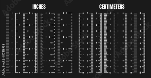 Vertical centimeter and inch scale for measuring length or height. Various measurement scales with divisions. Ruler, tape measure marks, size indicators. Vector illustration