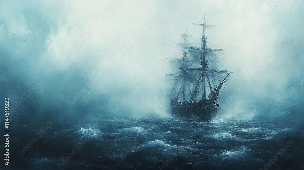 Ship sailing through misty waters on a stormy day. Ship sailing through misty waters on a stormy day.
