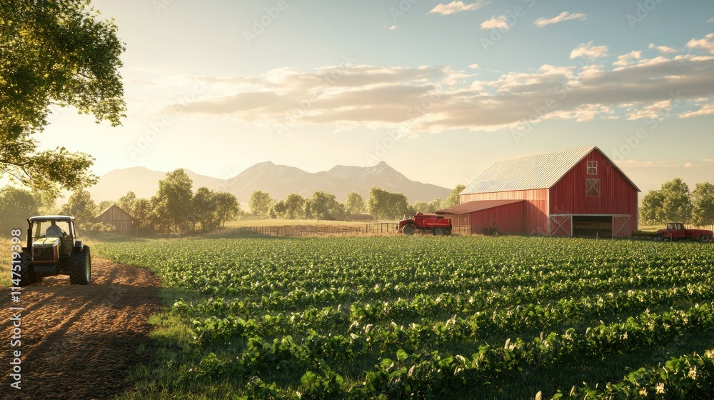 Obraz premium Peaceful Rural Landscape with Farm Tractor, Expansive Green Crop Fields, and Vibrant Red Barn Under Soft Morning Light in Scenic Mountain Setting