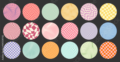 Groovy checkered pattern, round colorful tiled grid. Vintage wavy curved backdrop, distortion effect. Funky geometric chessboard texture, retro background in 90s style, y2k. Vector illustration