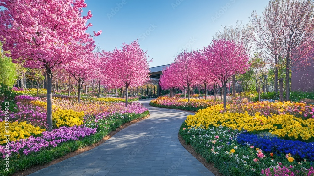 Naklejka premium A Serene Spring Landscape Featuring Vibrant Cherry Blossom Trees, Colorful Tulips, and a Winding Pathway in a Garden Setting Under a Clear Blue Sky