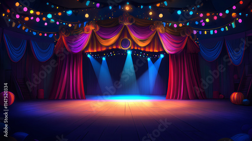 Spotlight circus stage with velvet curtains.  Stripe curtains. Marquee circus carnival entertainment stage props. Colorful spotlight illuminated cinema, theater entertainment performance and carousel. photo