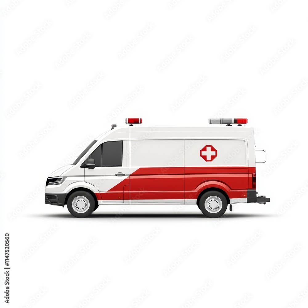 Modern Ambulance with Red Cross Symbol and Emergency Lights, Profile View, Ideal for Medical, Emergency, and Transportation Contexts. Modern Ambulance with Red Cross Symbol and Emergency Lights, Profile View, Ideal for Medical, Emergency, and Transportation Contexts.