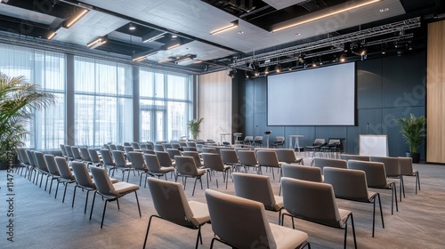 A modern conference room with rows of chairs facing a large screen and a stage. There are large windows in the background.
